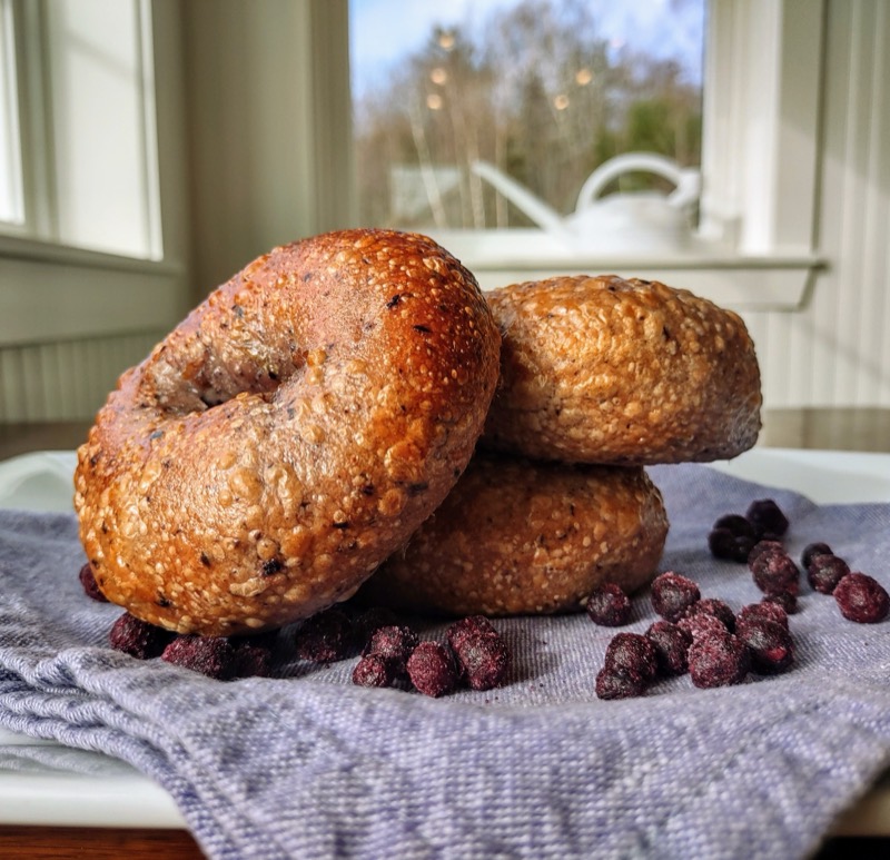 Three homemade bagels on a lavender cloth, with blueberries scattered around them